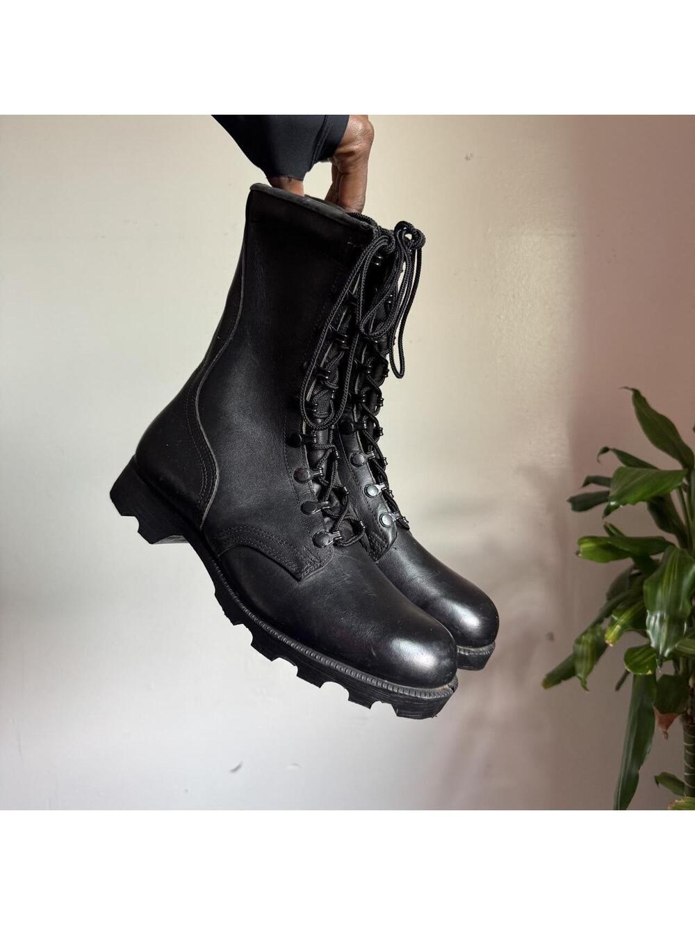 80s unisex US Military Black Leather Combat Boots Ro-Search Lug Sole Mens US 7.5